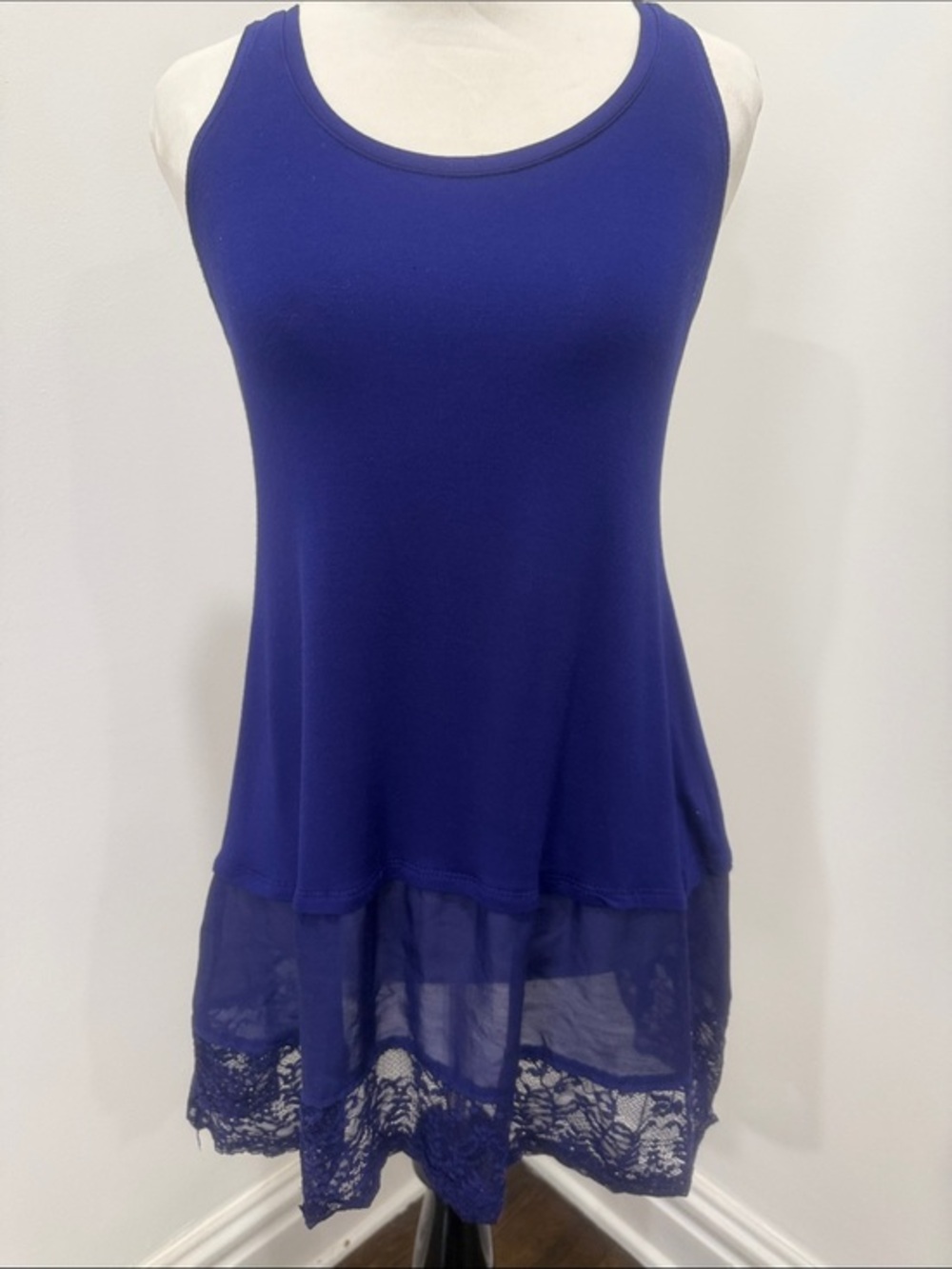 Logo Lorie Goldstein Royal Blue Satin Lace-Hem Tank Top XXSP